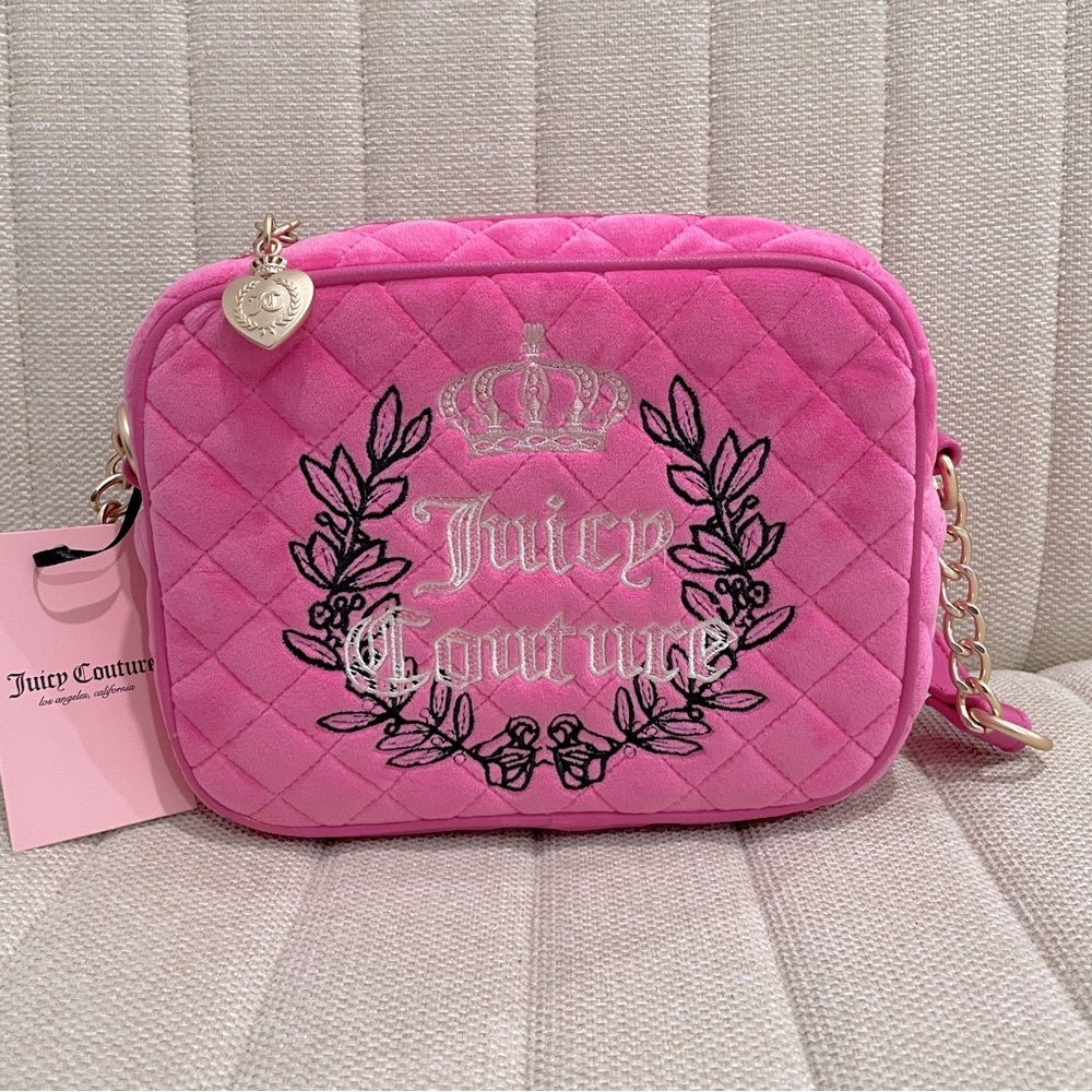 NEW Juicy Couture Pink Quilted Velour Crossbody Embroidered Crown‎ Heart Charm